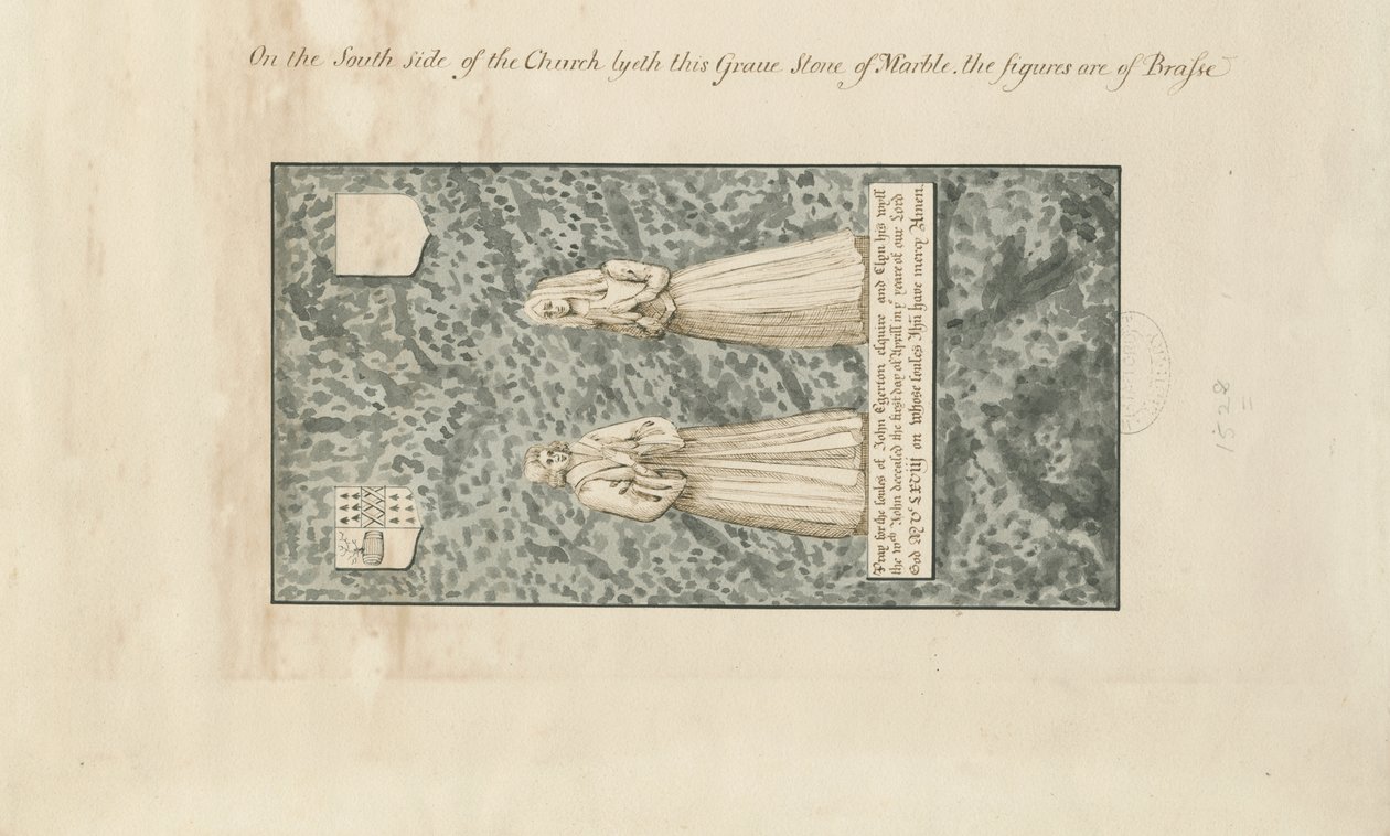 Chiesa di Madeley - Lapide di John Egerton: disegno a penna e inchiostro, nd [XIX sec.] da John Robert Fernyhough