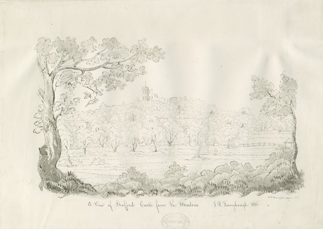 Castello di Stafford - Vista est: disegno a penna e seppia da John Robert Fernyhough