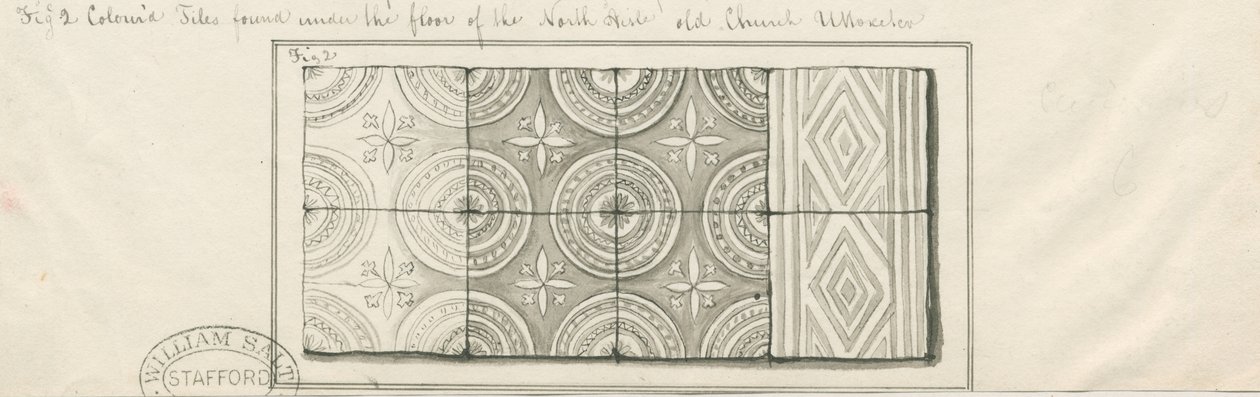 Chiesa di Uttoxeter - Piastrelle colorate trovate sotto il pavimento del corridoio nord: disegno a penna e acquerello, nd [?metà 19° sec] da John Robert Fernyhough