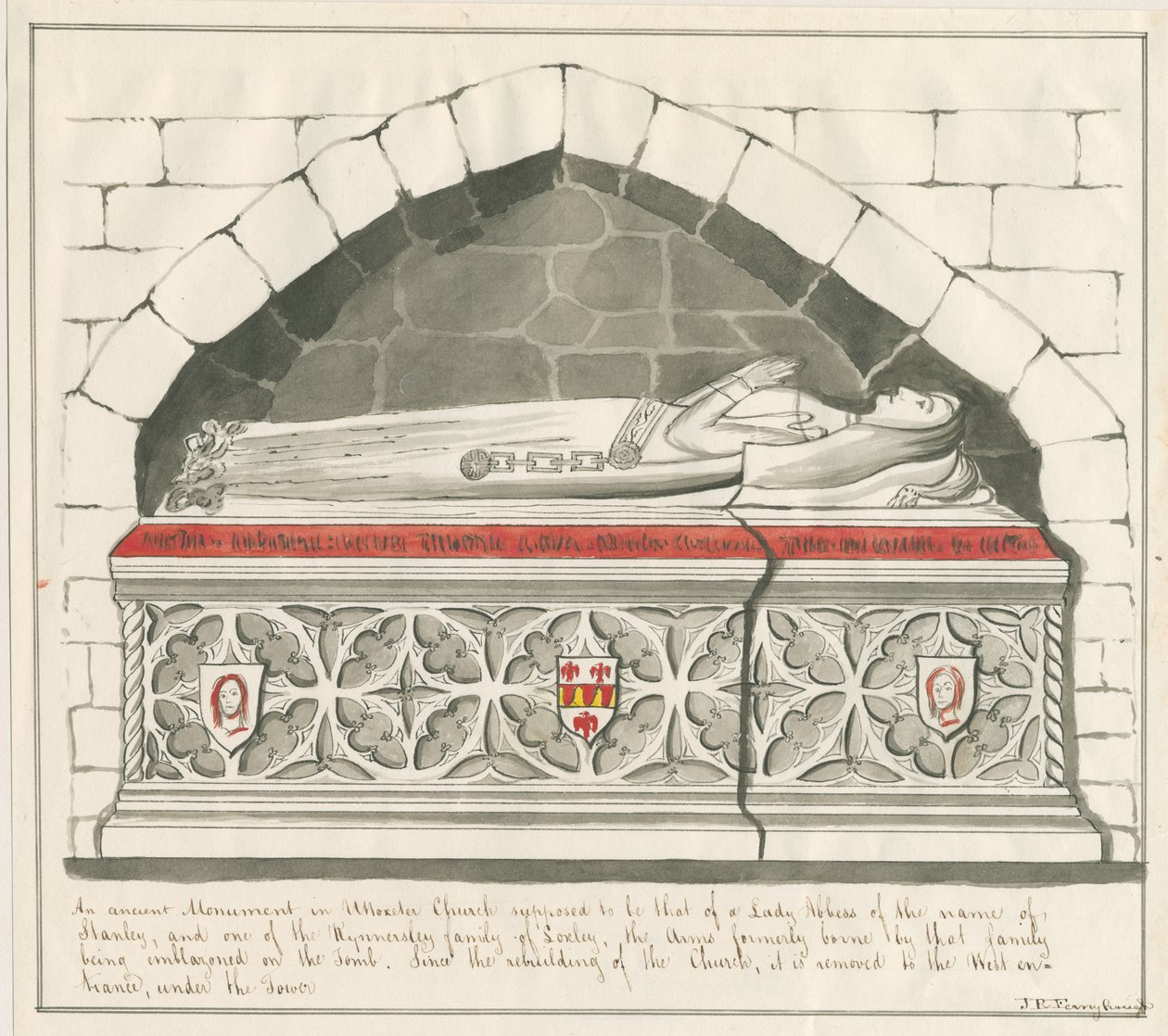 Chiesa di Uttoxeter - Tomba della Signora Badessa della Famiglia Kynnersley: disegno a penna e acquerello, nd [metà 19° sec] da John Robert Fernyhough