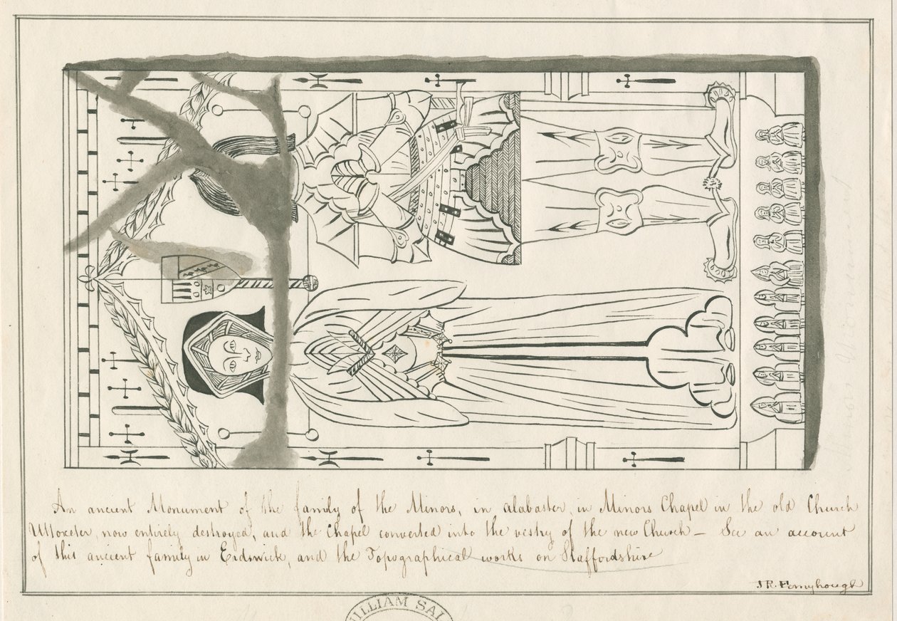 Uttoxeter Church - Tomba della famiglia Minors: disegno a penna e inchiostro, nd [metà XIX secolo] da John Robert Fernyhough
