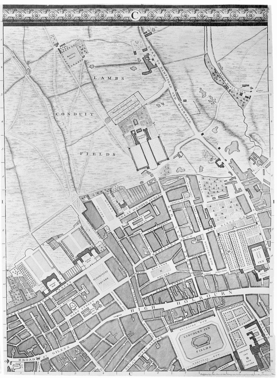 Mappa di Bloomsbury e Holborn, Londra, 1746 da John Rocque