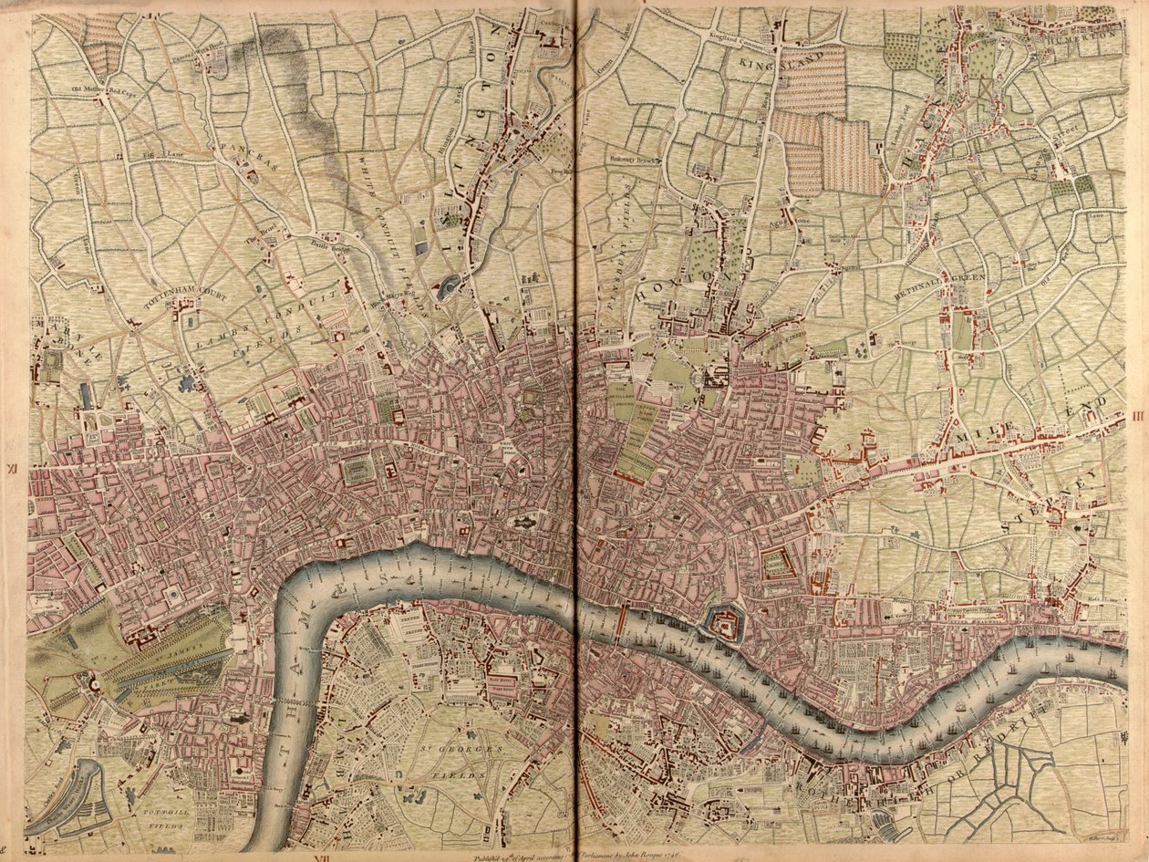 Esatta indagine delle città di Londra e Westminster, il borgo di Southwark, con la campagna vicina dieci miglia intorno, c.1746 (incisione) da John Rocque