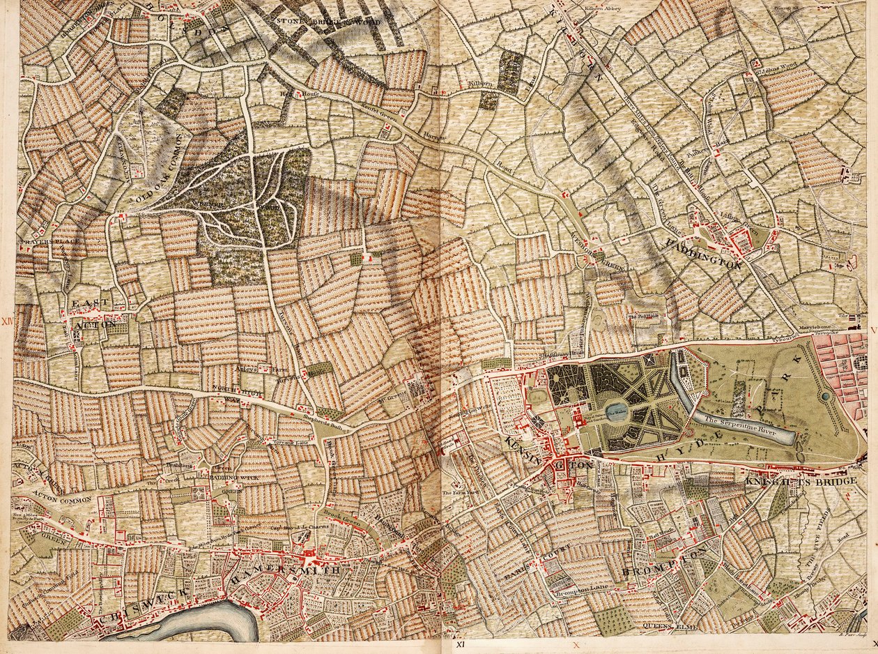 Mappa di Acton, Paddington, Hyde Park e Kensington da John Rocque