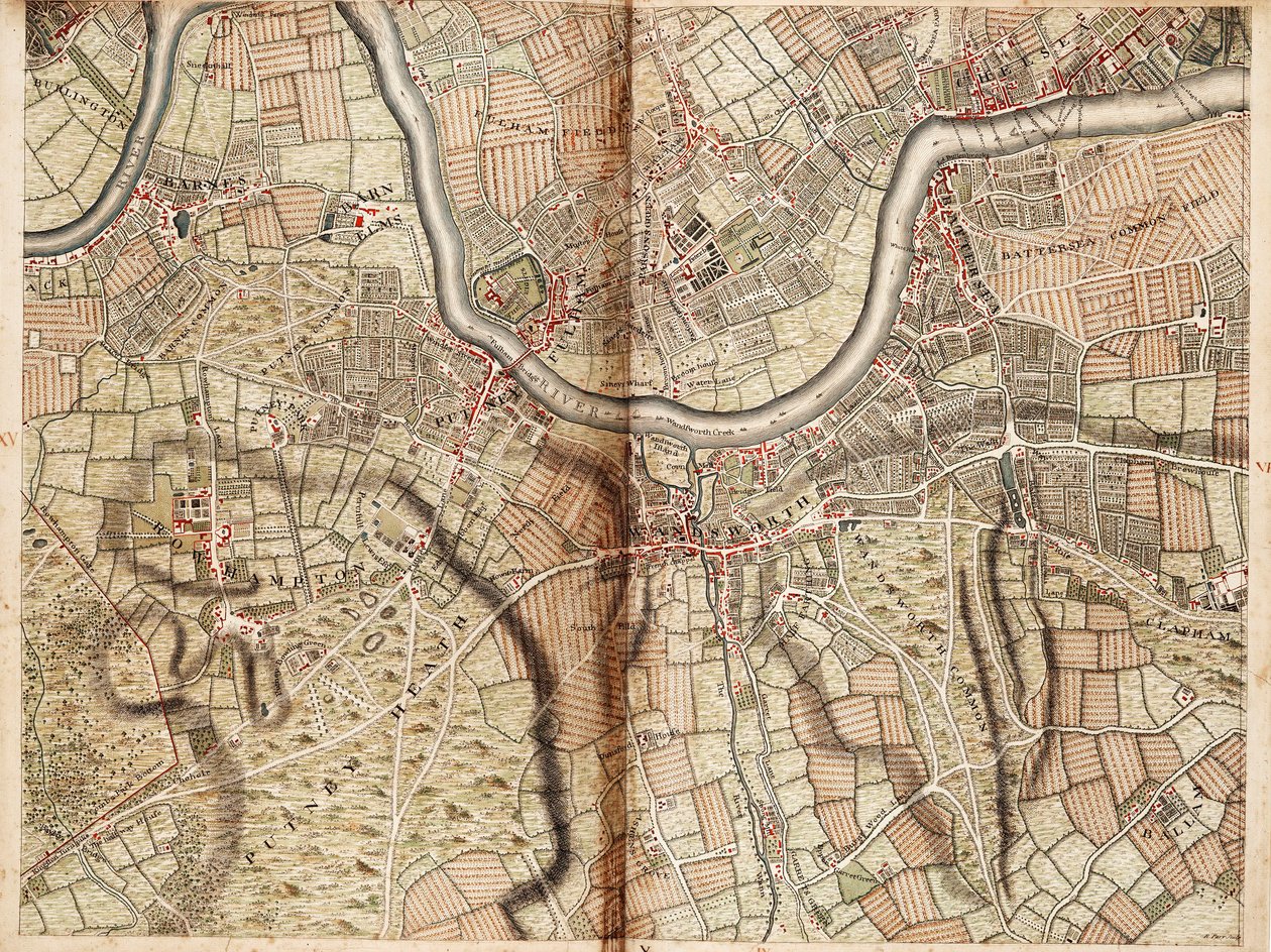 Mappa di Barnes, Battersea, Putney e Wandsworth da John Rocque