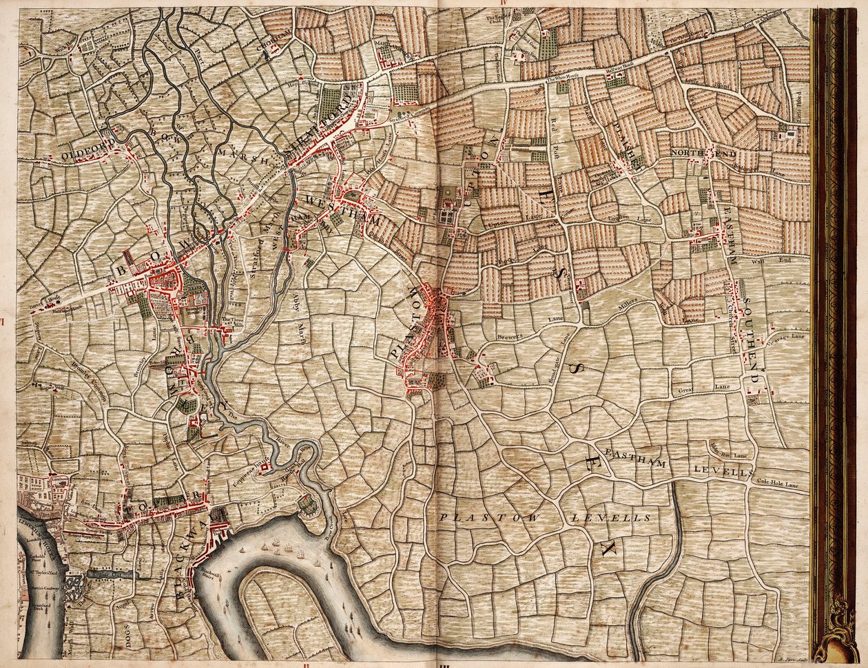 Mappa di Bow, Stratford, Blackwall e Plaistow da John Rocque