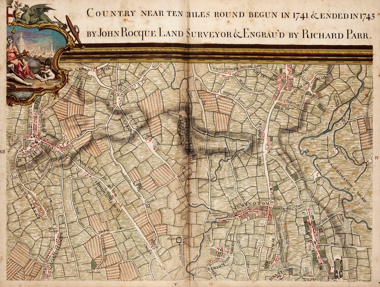 Mappa di Highgate, Kentish Town, Holloway, Tottenham e Newington da John Rocque