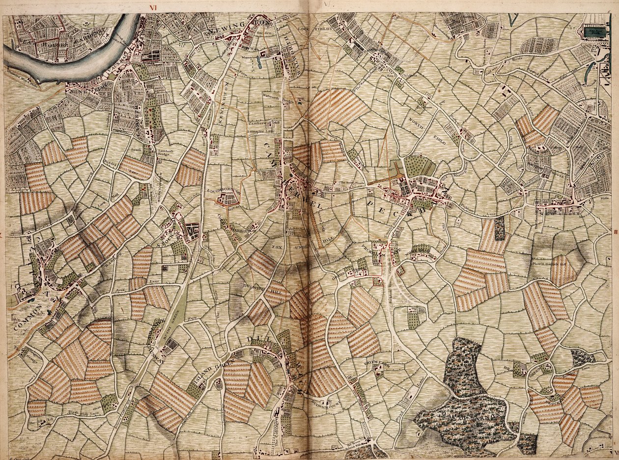 Mappa di Vauxhall, Clapham, Peckham e Dulwich da John Rocque