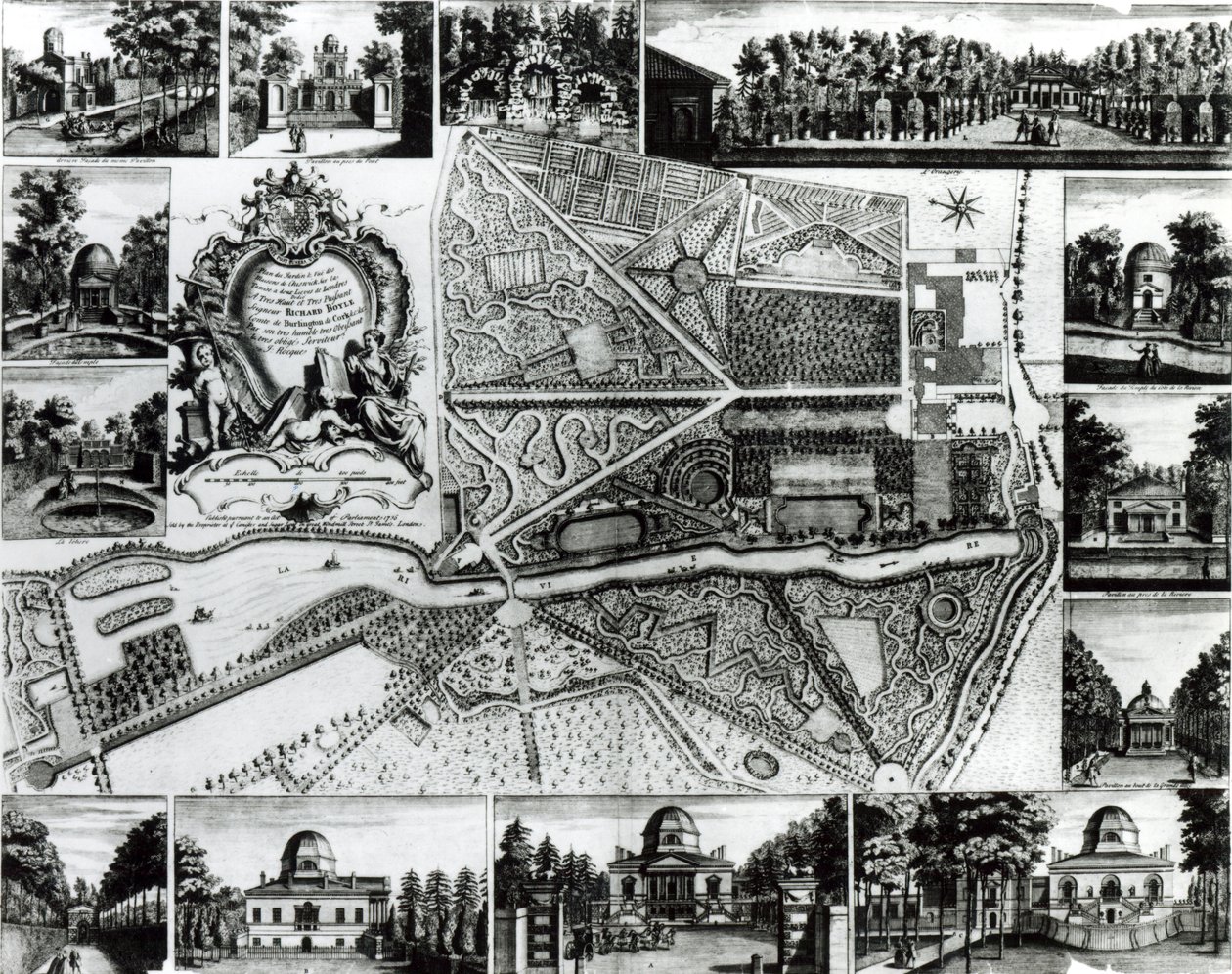 Piano del giardino e vista delle case a Chiswick sul Tamigi da John Rocque