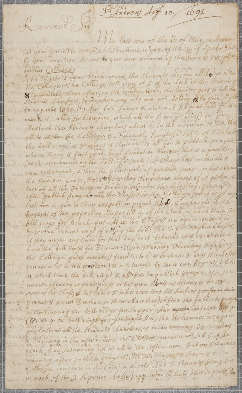 Lettera di John Row, studente a St Andrews, a suo zio, 1691 da John Row