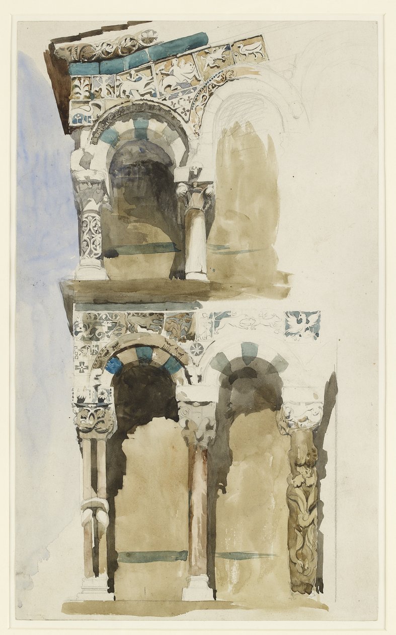 Parte della facciata della distrutta Chiesa di San Michele in Foro, Lucca, schizzata a colori, 30 giugno - 1 luglio 1846 da John Ruskin