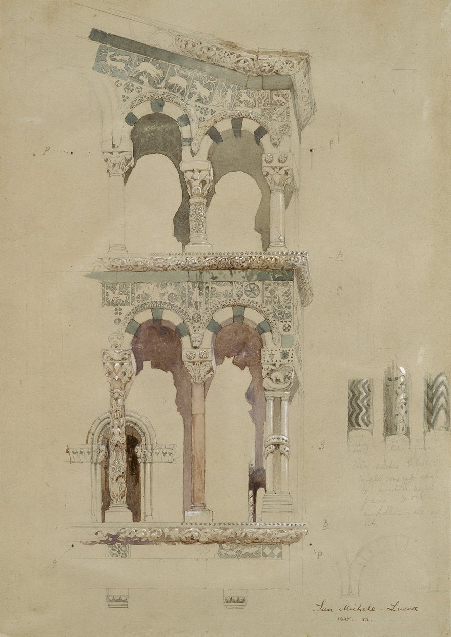 Parte della facciata della chiesa distrutta di San Michele in Foro, Lucca, come appariva nel 1845 da John Ruskin