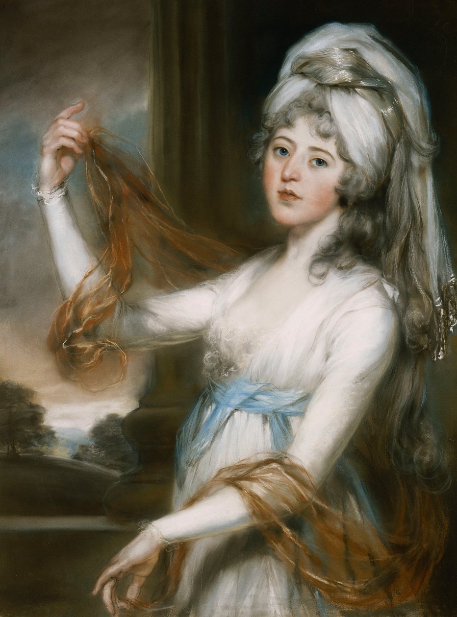 Ritratto di Sarah, moglie di Walker King, vescovo di Rochester, a tre quarti, in un vestito bianco con una fascia blu da John Russell