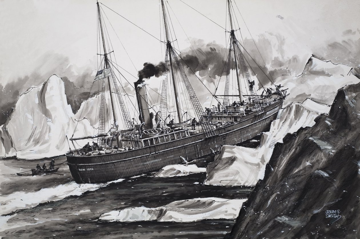 Il Roosevelt che attraversa i ghiacci per raggiungere il Polo Nord (gouache su carta) da John S. Smith