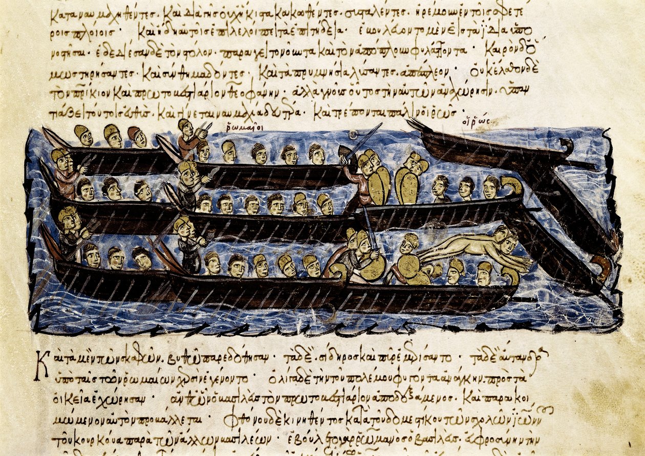 Una flotta russa, miniatura da "Synopsis historiarum", c.1126-1150 da John Scylitzes