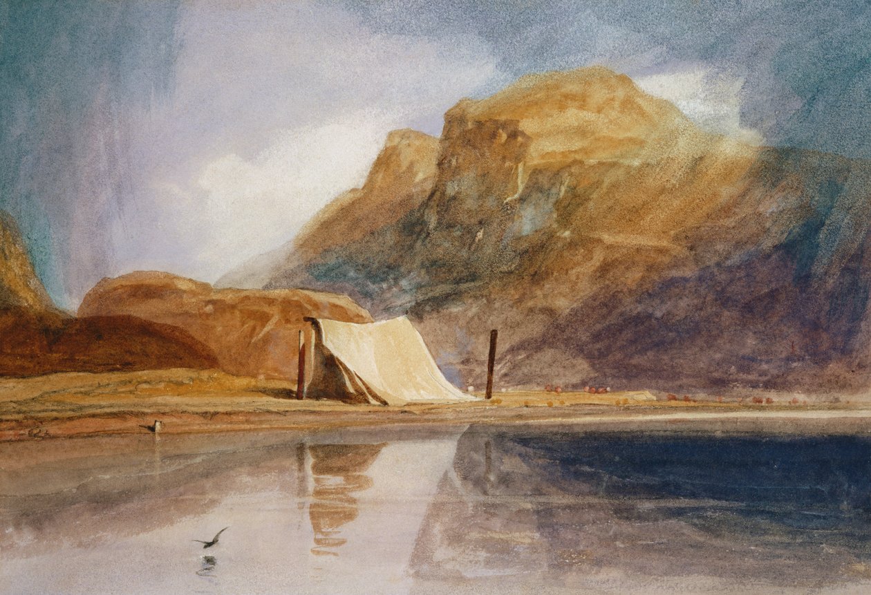 Un lago montuoso con una tenda piantata sulla riva da John Sell Cotman
