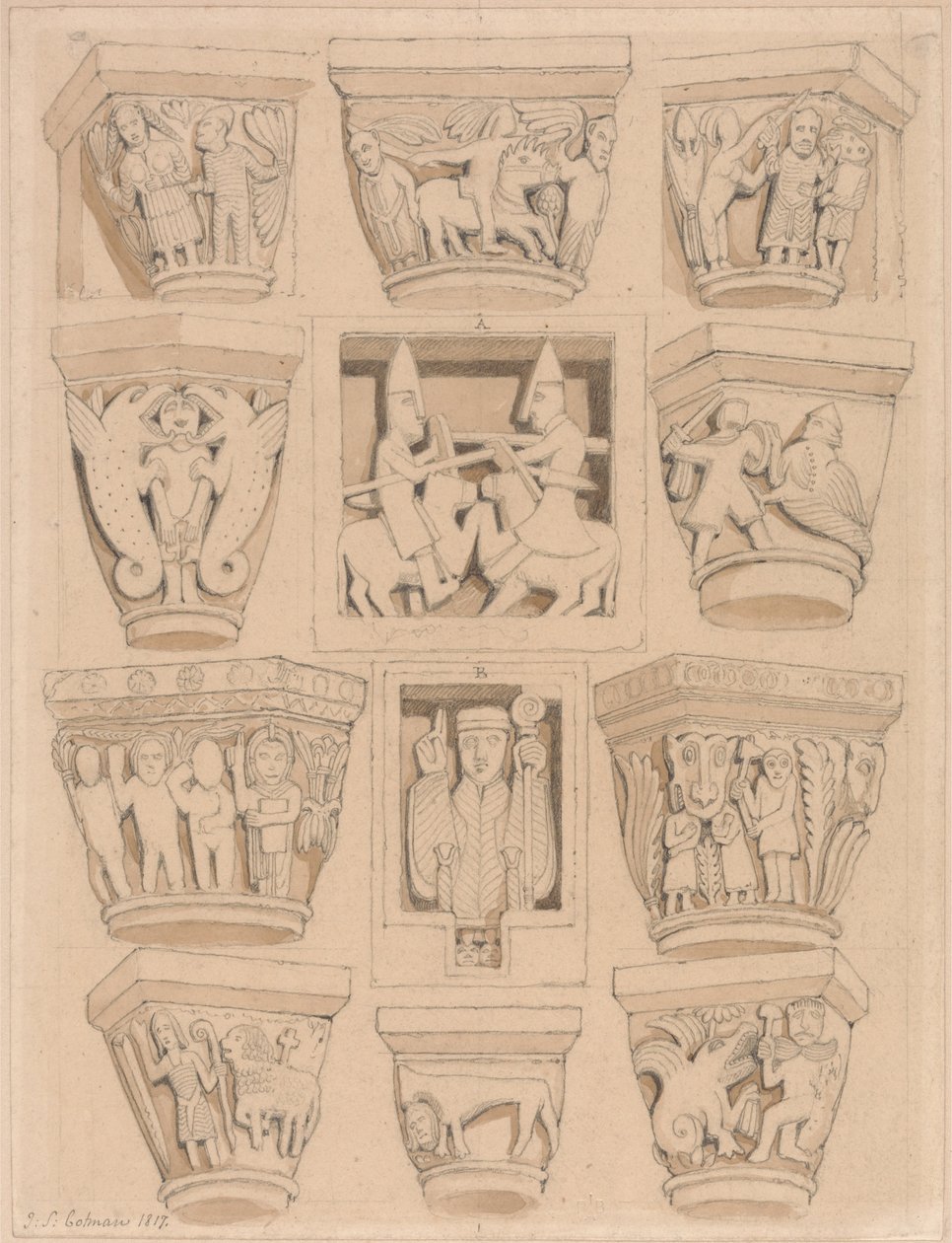 Capitelli e Bassorilievi A & B nella Chiesa Abbaziale di Saint Georges de Bocherville, vicino a Rouen, Normandia da John Sell Cotman