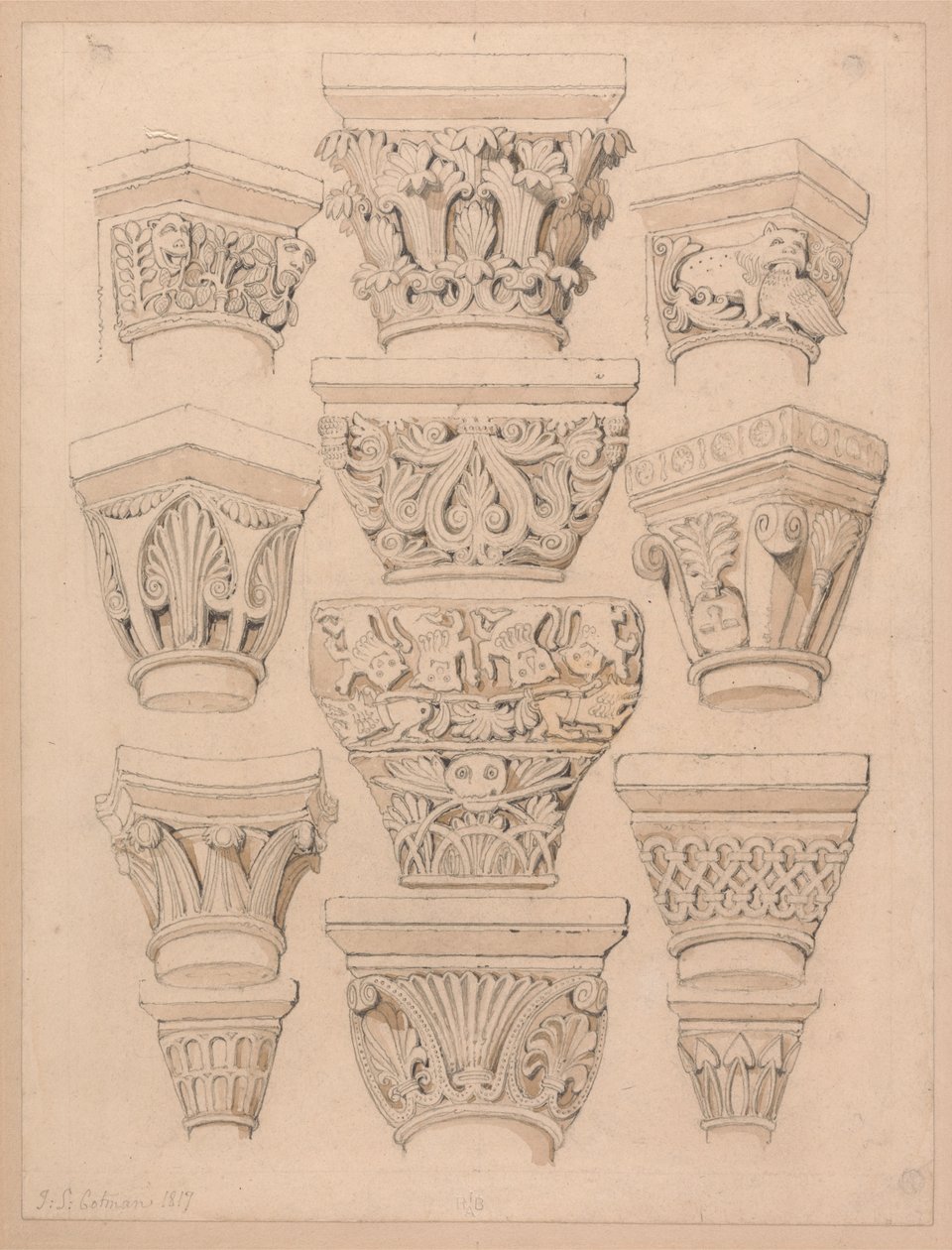 Capitelli della chiesa abbaziale di St. Georges de Bocherville, vicino a Rouen, in Normandia da John Sell Cotman