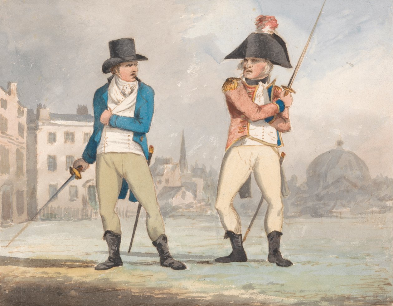 Caricatura di due uomini con spade sguainate (una di un set di tre) da John Sell Cotman