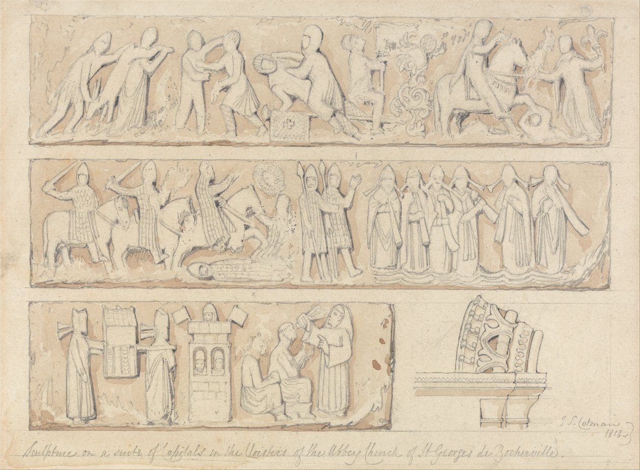 Scultura su una suite di capitelli nel chiostro della chiesa abbaziale di Saint Georges de Bocherville, vicino a Rouen, in Normandia da John Sell Cotman