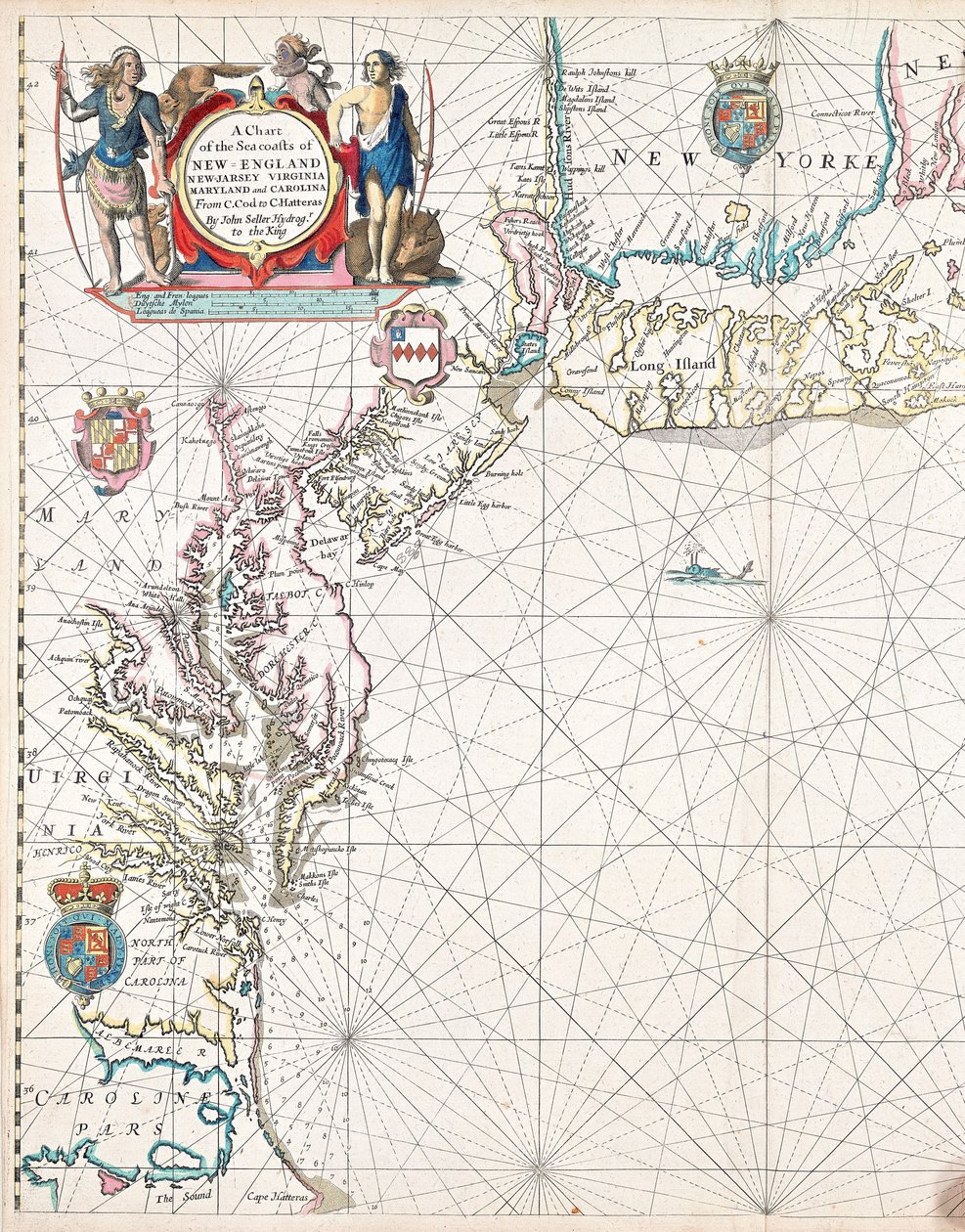 Carta delle coste del mare del New England, New Jersey, Virginia, Maryland e Carolina da Cape Cod a Cape Hatteras da John Seller