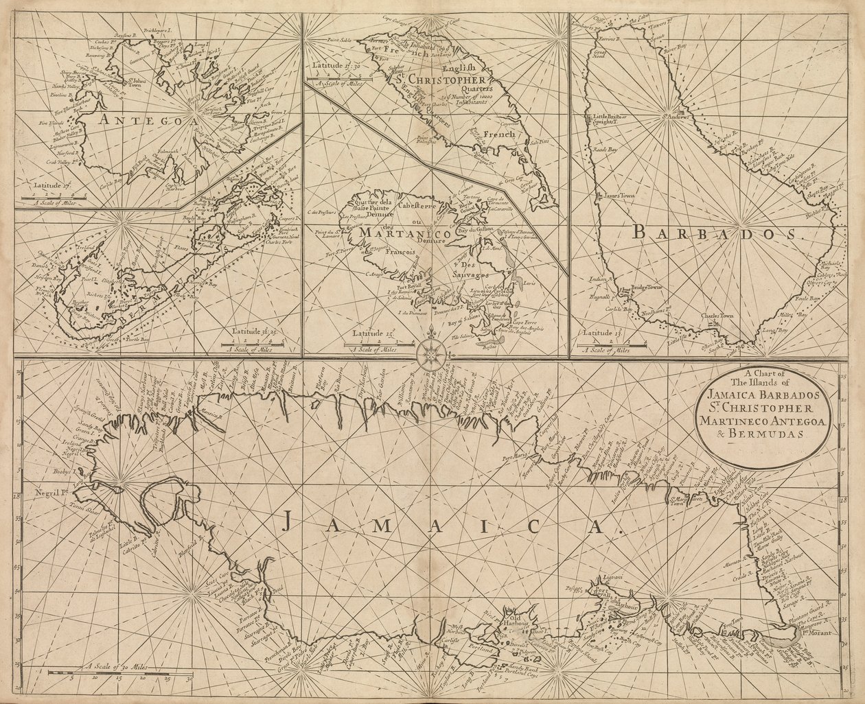 Carta della Giamaica, Barbados, St Christopher, Martinica, Antigua e Bermuda da John Seller