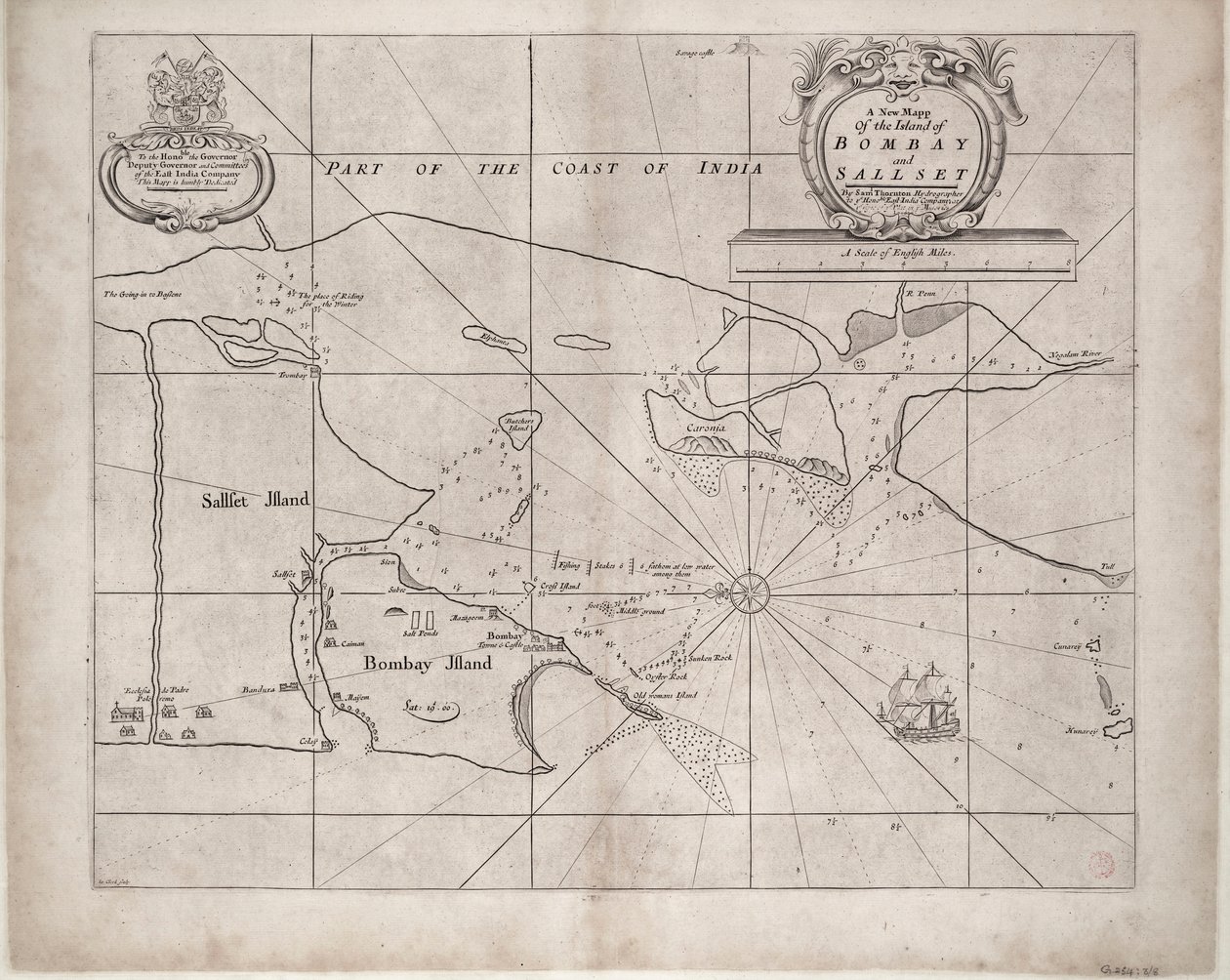 Mappa di Bombay e Sallset di Samuel Thornton, idrografo della Compagnia delle Indie Orientali, pubblicata per la prima volta circa 1685 da John Seller