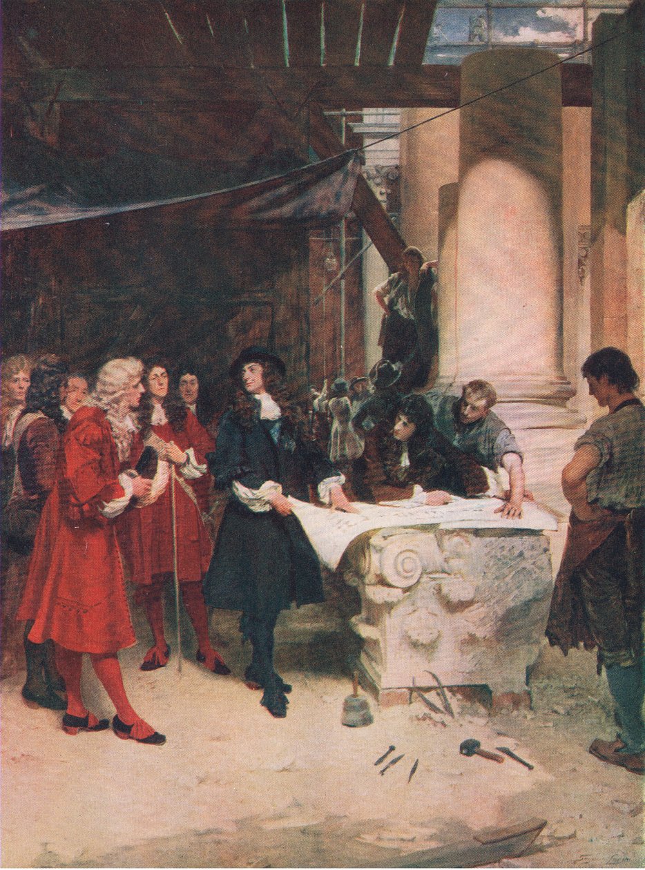Visita di Re Carlo a Wren durante la costruzione di St Pauls, illustrazione da The History of the British People pubblicata da Waverley, c.1940 da John Seymour Lucas