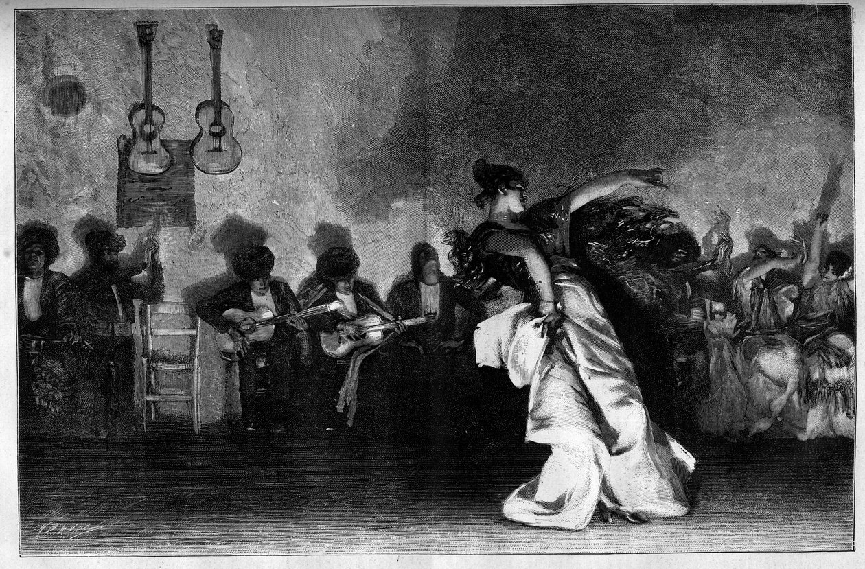 El Jaleo - Danze gitane. Chitarristi e ballerina di flamenco. Incisione dal dipinto di John Singer Sargent (1856-1925) in 