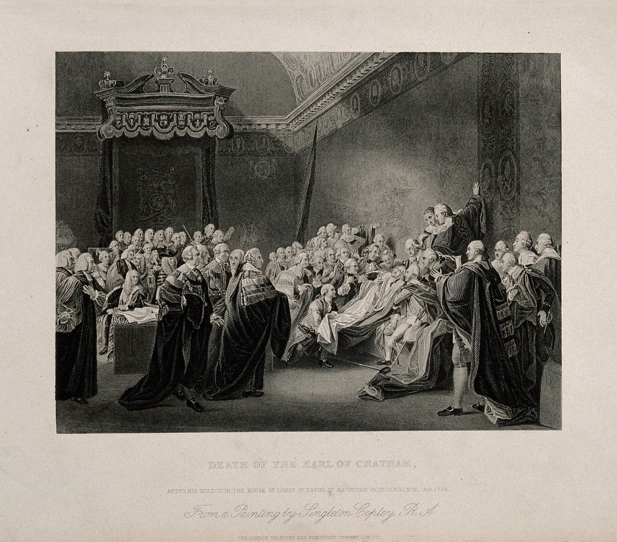 La morte di William Pitt, Lord Chatham, nella Camera Alta del Palazzo di Westminster, 1778. Incisione tratta da un’opera di J. Copley, 1779. da John Singleton Copley