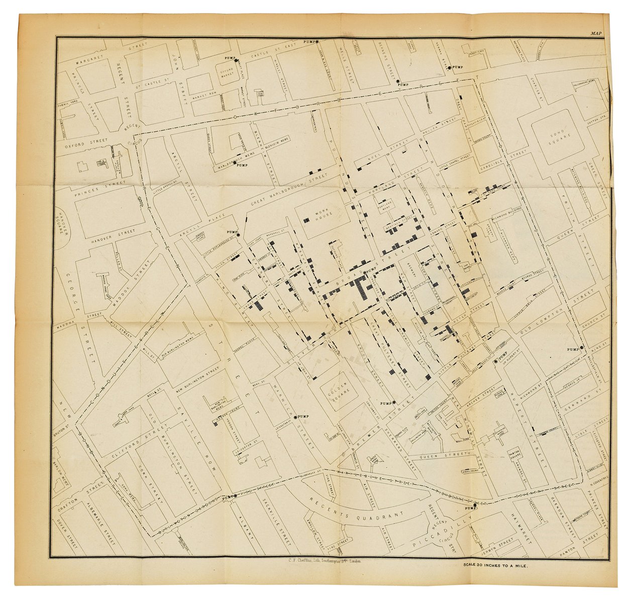 Una mappa da "On the Mode of Communication of Cholera", 1855 da John Snow