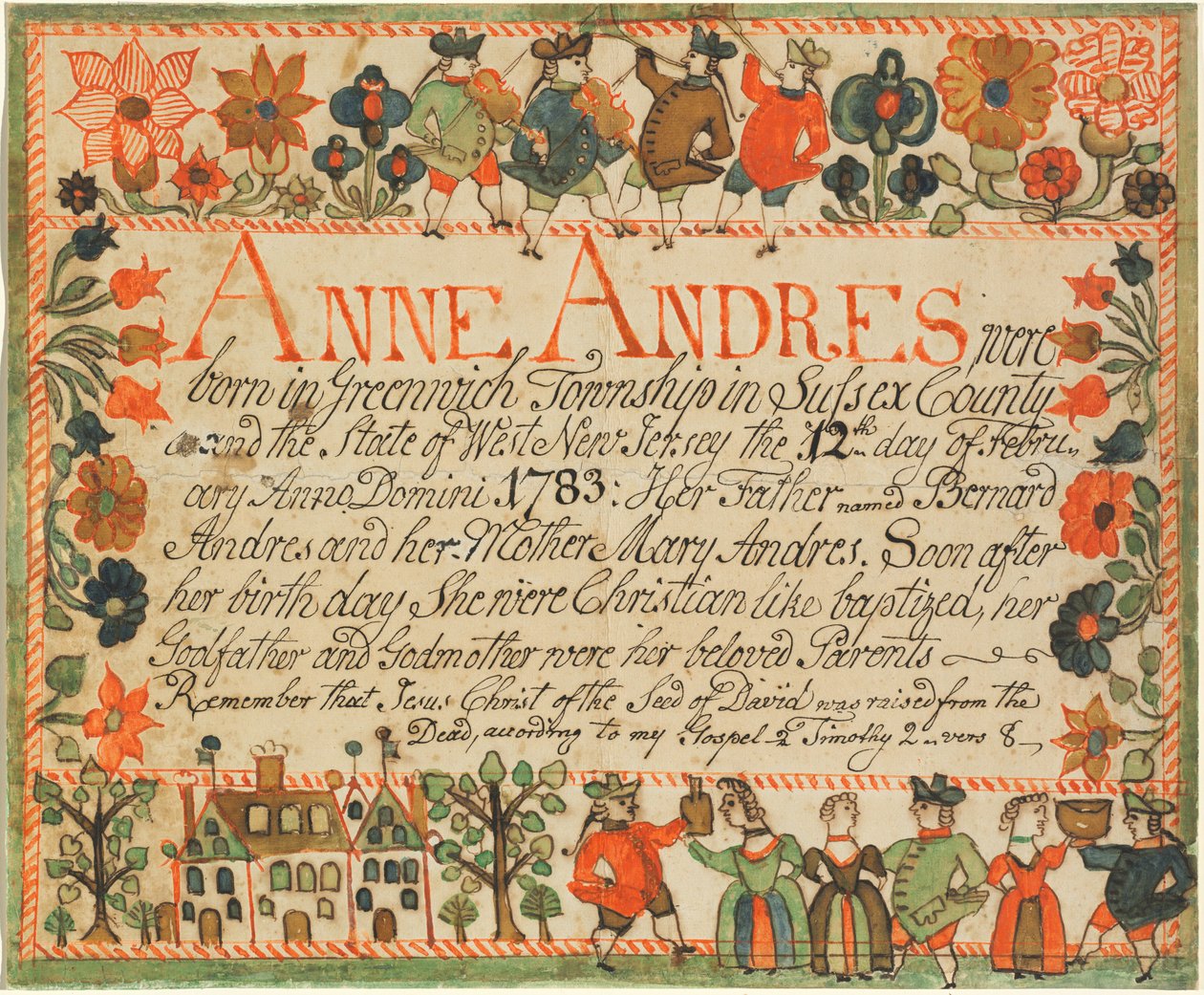 Certificato di nascita e battesimo di Anne Andres da John Spangenberg