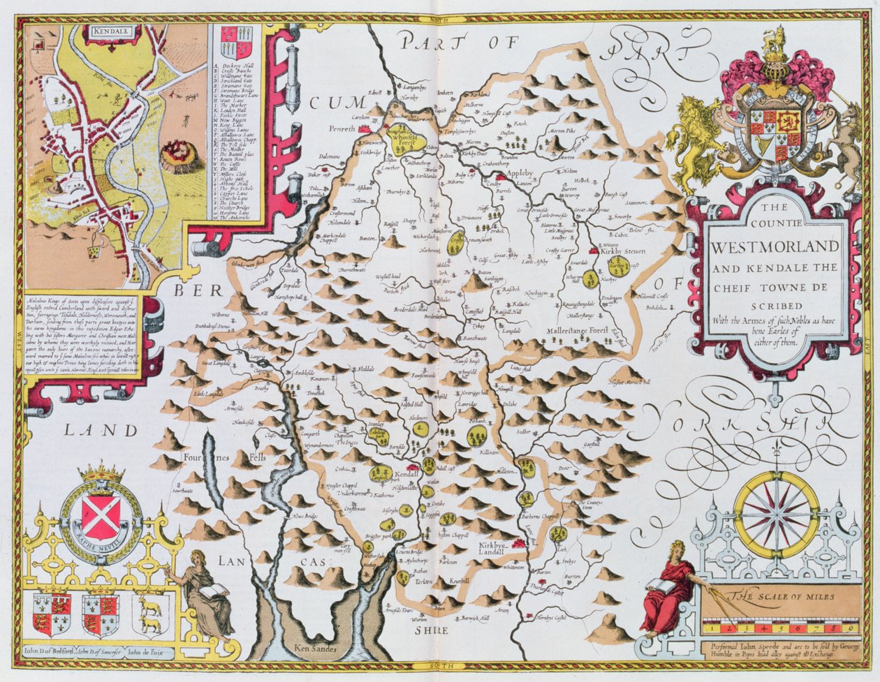 La contea di Westmorland, inciso da Jodocus Hondius (1563-1612) dal Theatre of the Empire of Great Britain di John Speed, pub. da John Sudbury e George Humble, 1611-12 da John Speed