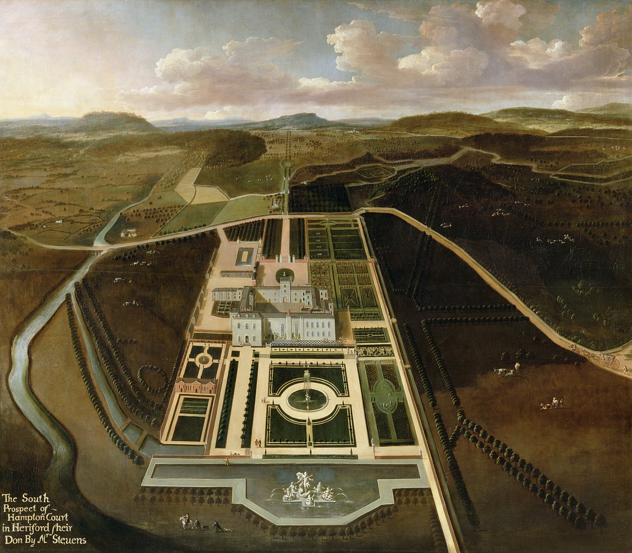 Prospetto sud di Hampton Court, Herefordshire, c.1705 da John Stevens