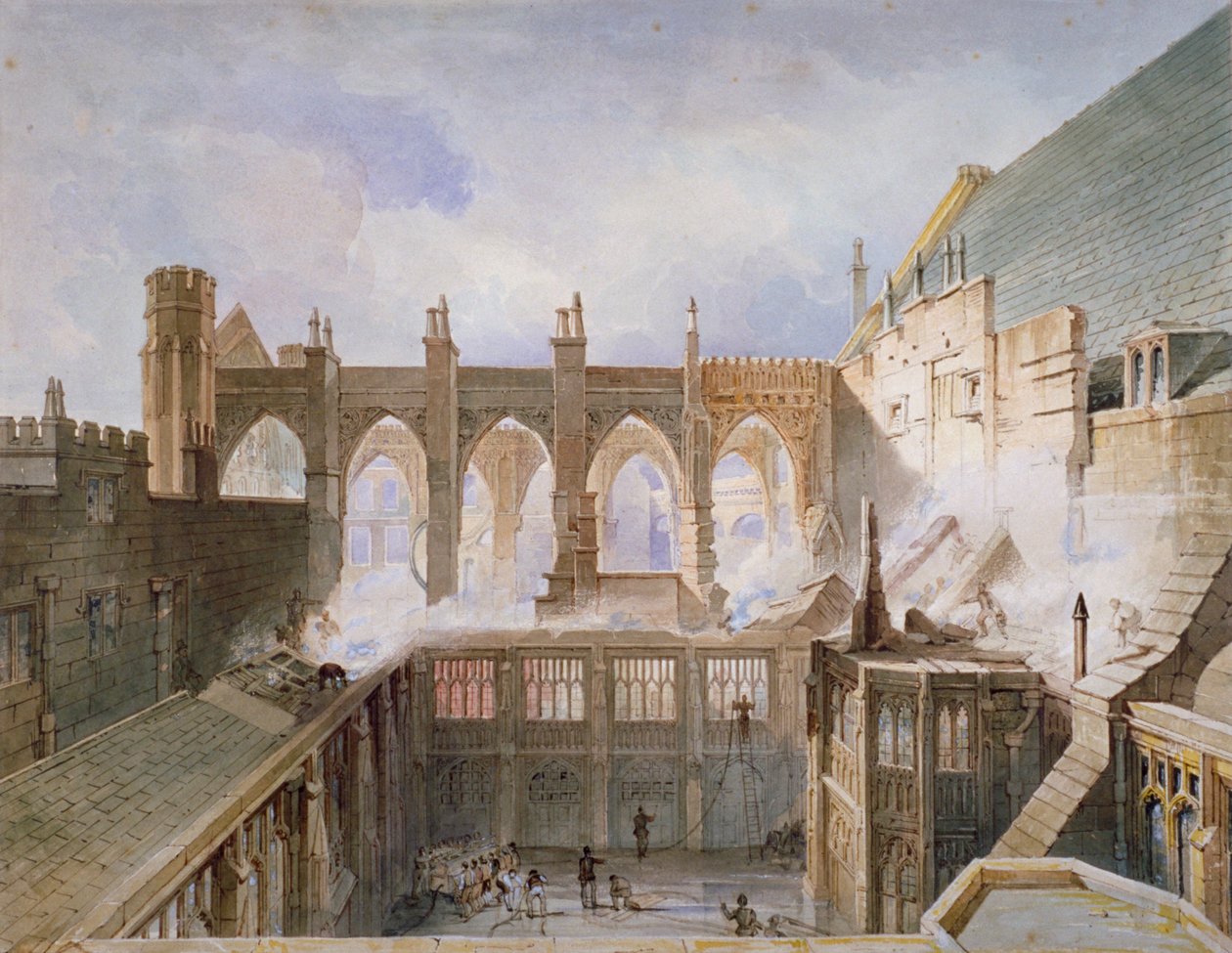 Vista della distruzione della Cappella di Santo Stefano, Palazzo di Westminster, Londra, 1834 da John Taylor