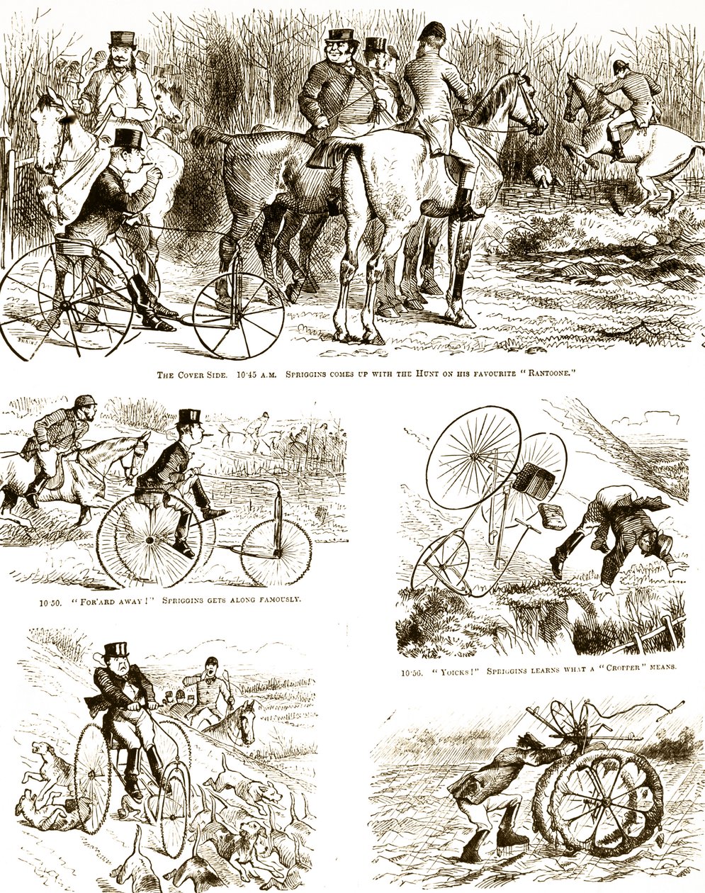Un cartone che raffigura un uomo che caccia su un triciclo. Illustrato da John Tenniel (1820-1914) un illustratore inglese, umorista grafico e vignettista politico da John Tenniel