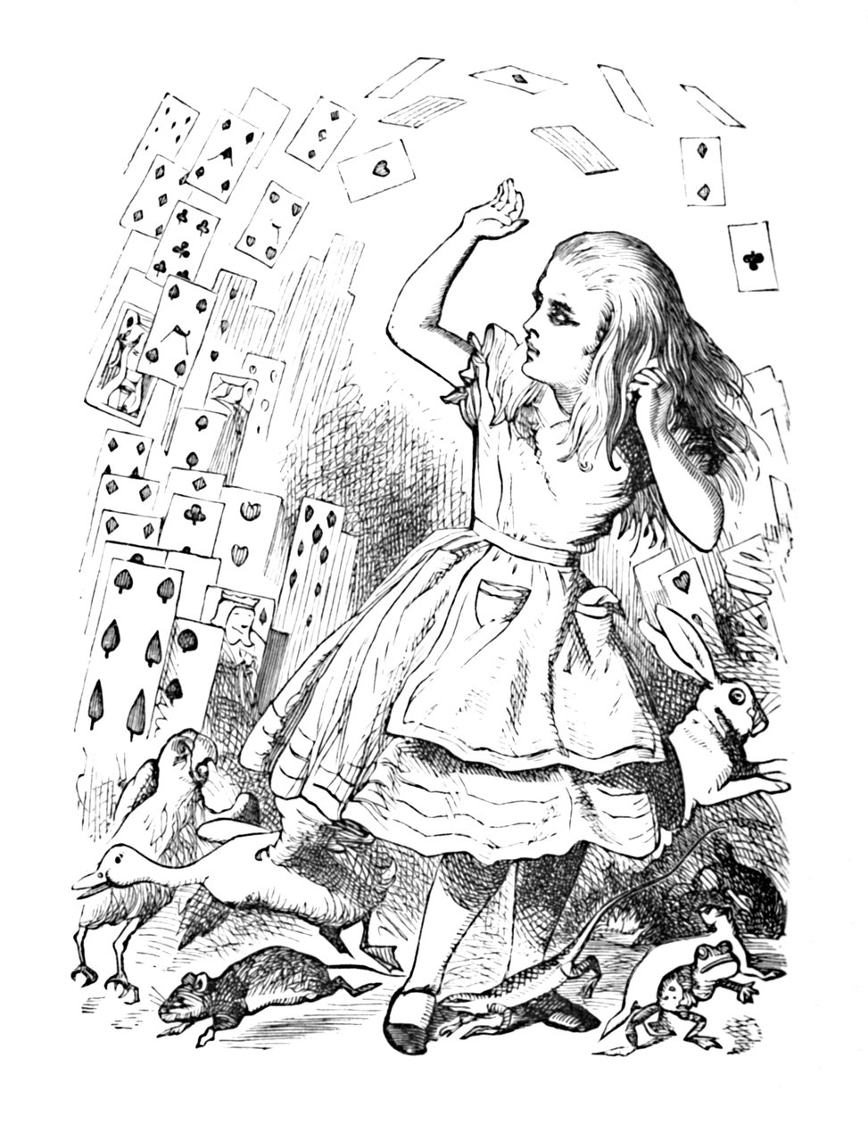 Un mazzo di carte che vola sopra Alice da John Tenniel