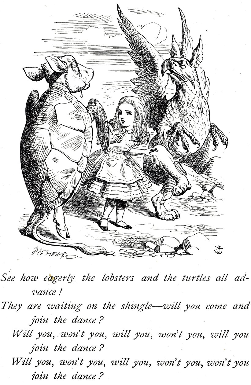 Alice, Finta Tartaruga e Grifone da Le avventure di Alice nel Paese delle Meraviglie da John Tenniel