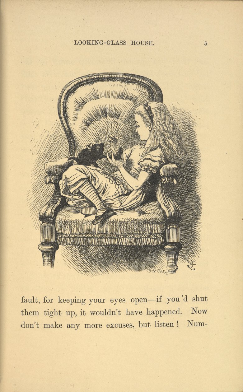 Alice seduta su una sedia che gioca con un gattino da John Tenniel