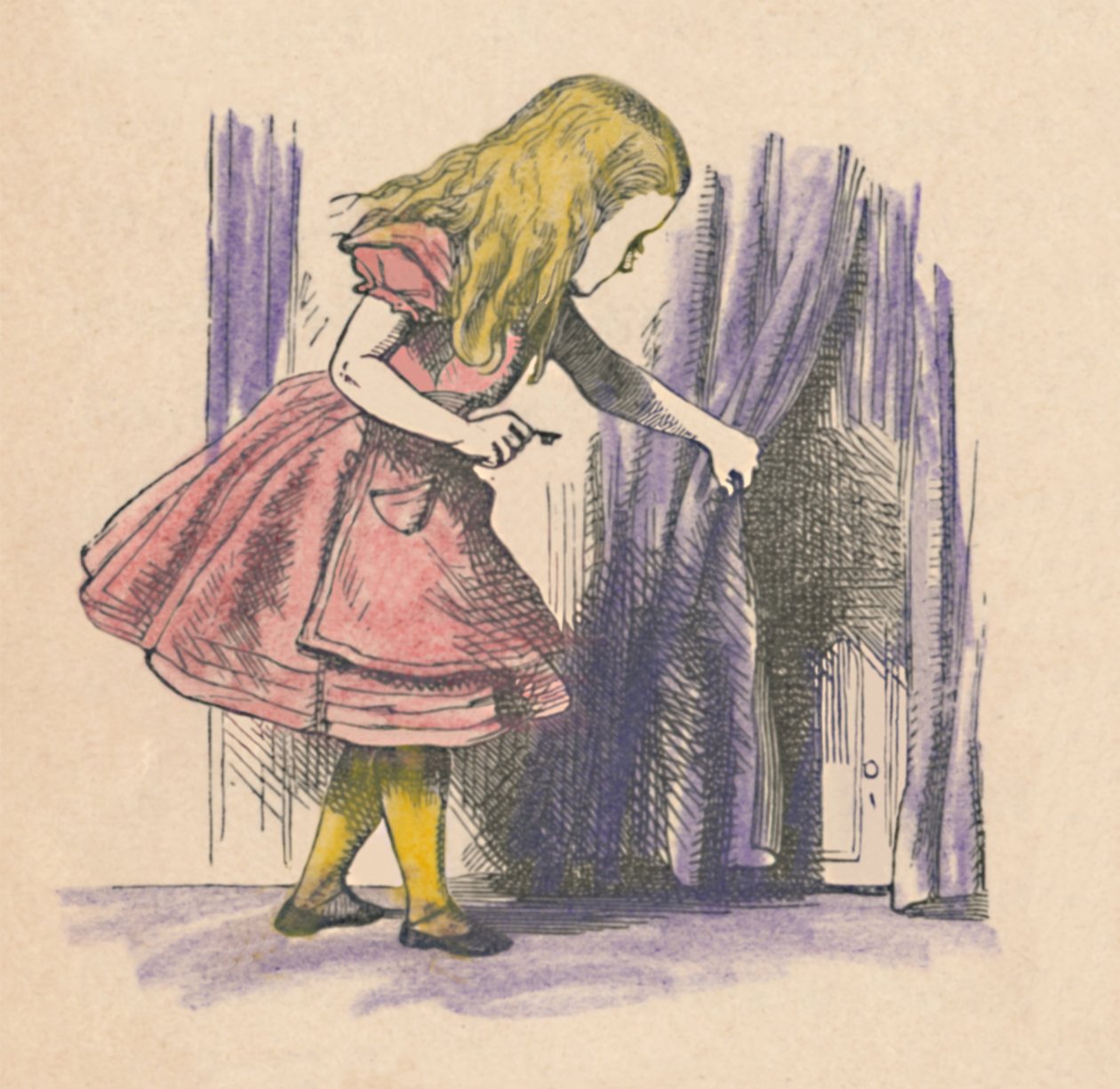 Alice che guarda una piccola porta dietro una tenda, 1889 da John Tenniel