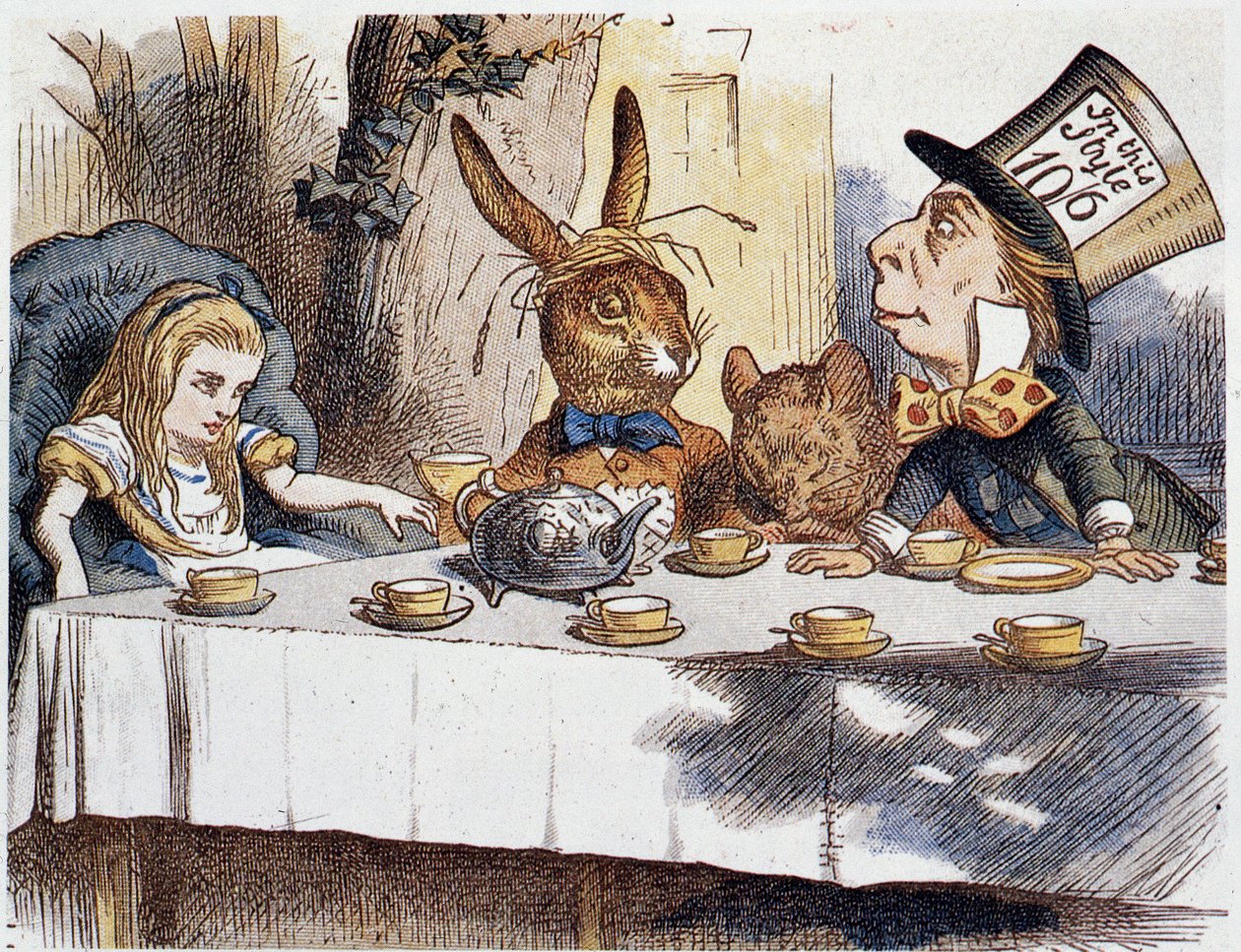 Alice prende il tè con i matti - in "Le avventure di Alice nel Paese delle Meraviglie e attraverso lo specchio" di Lewis Carroll, illustrazione di John Tenniel (1820-1914) da John Tenniel