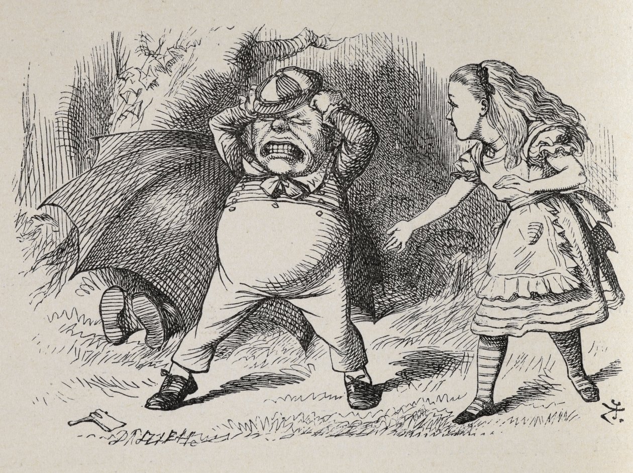 Alice con Tweedledum arrabbiato e Tweedledee nascosto da John Tenniel
