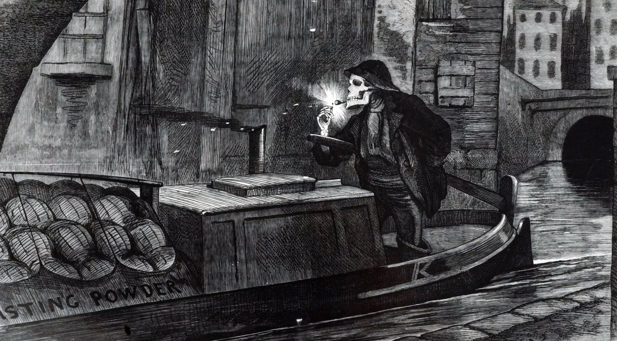Cartone animato di John Tenniel che suggerisce al Parlamento di introdurre regolamenti di sicurezza per la gestione e il trasporto di esplosivi dopo la distruzione di una chiatta che trasportava polvere da sparo sul Regent