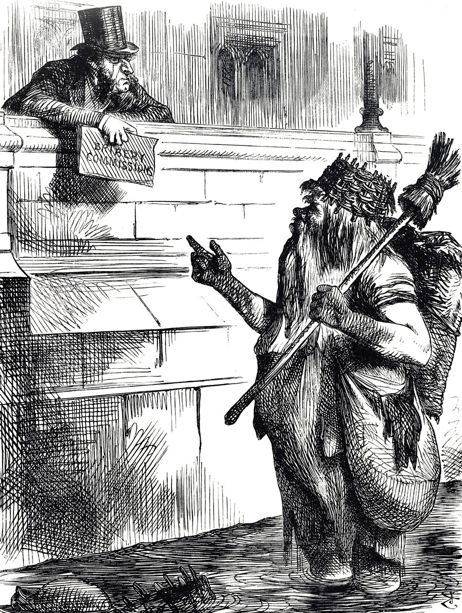 Cartone animato che commenta la sporcizia del Tamigi e le indagini sulla corruzione durante le elezioni a Great Yarmouth, Reigate e Lancaster da John Tenniel
