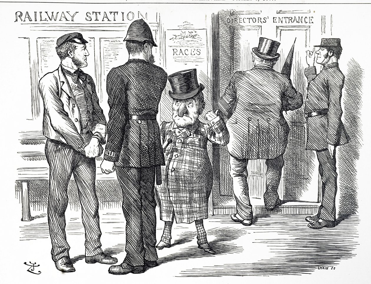 Cartone animato che commenta le richieste per rendere obbligatorio un sistema di segnalazione a blocchi sulle ferrovie britanniche da John Tenniel