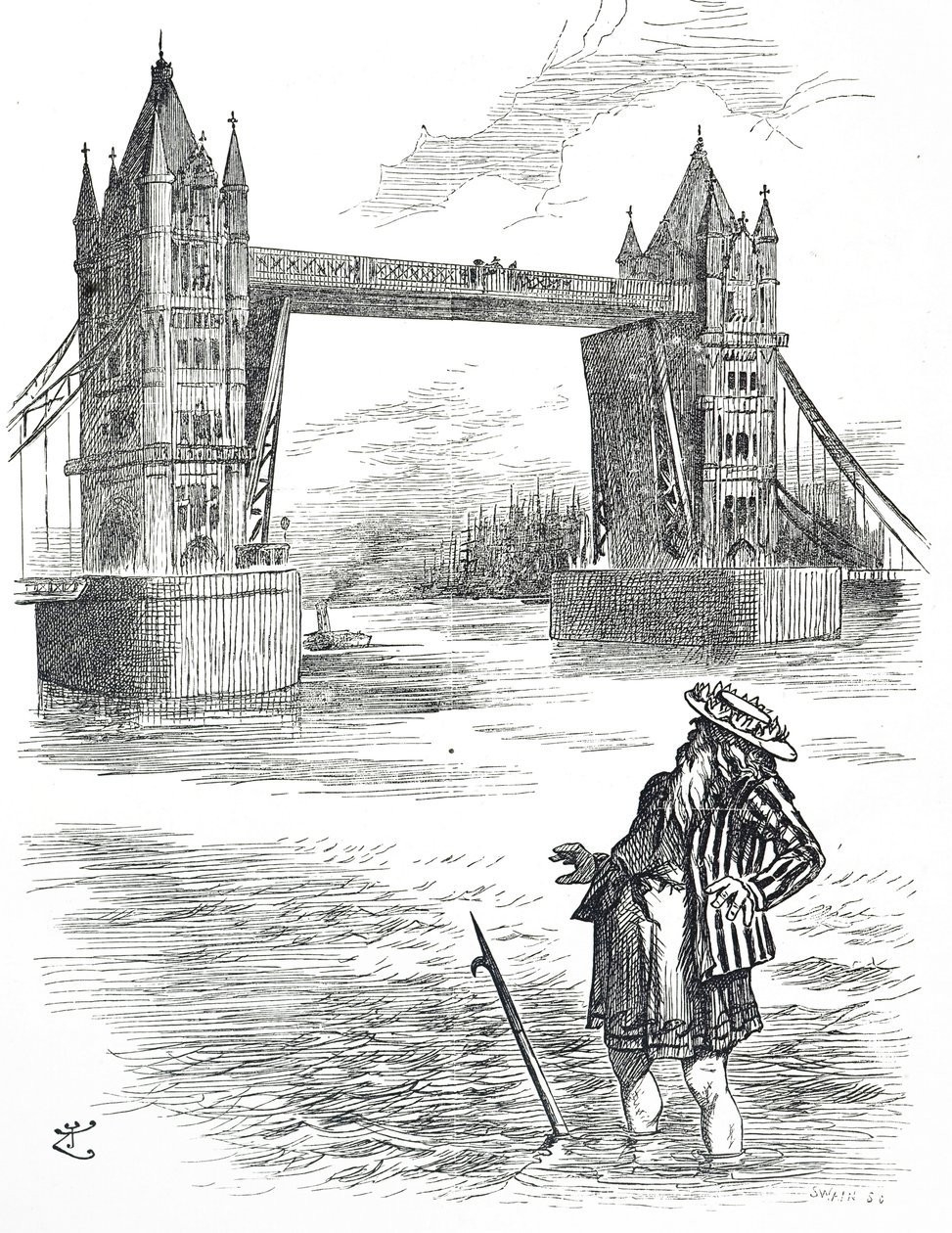 Cartone animato che raffigura Padre Tamigi che ammira il Tower Bridge, Londra da John Tenniel