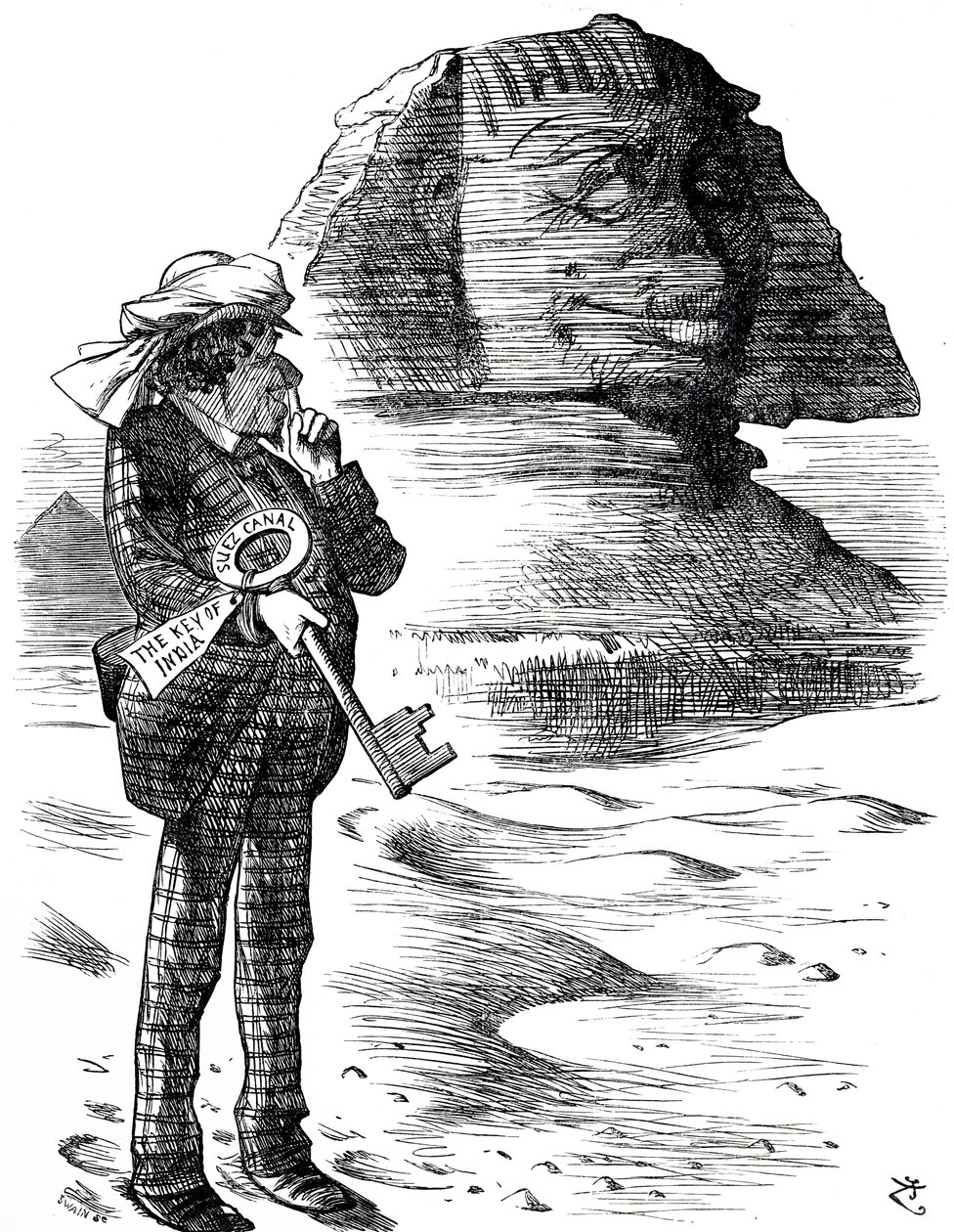 Cartone animato che raffigura il Primo Ministro Benjamin Disraeli che tiene il Canale di Suez come chiave per il possesso e l