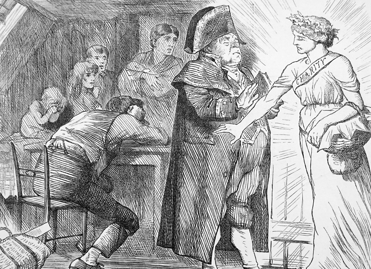 Carità che spazza via le proteste del signor Brumble nella sua determinazione a portare sollievo alle famiglie povere in difficoltà da John Tenniel
