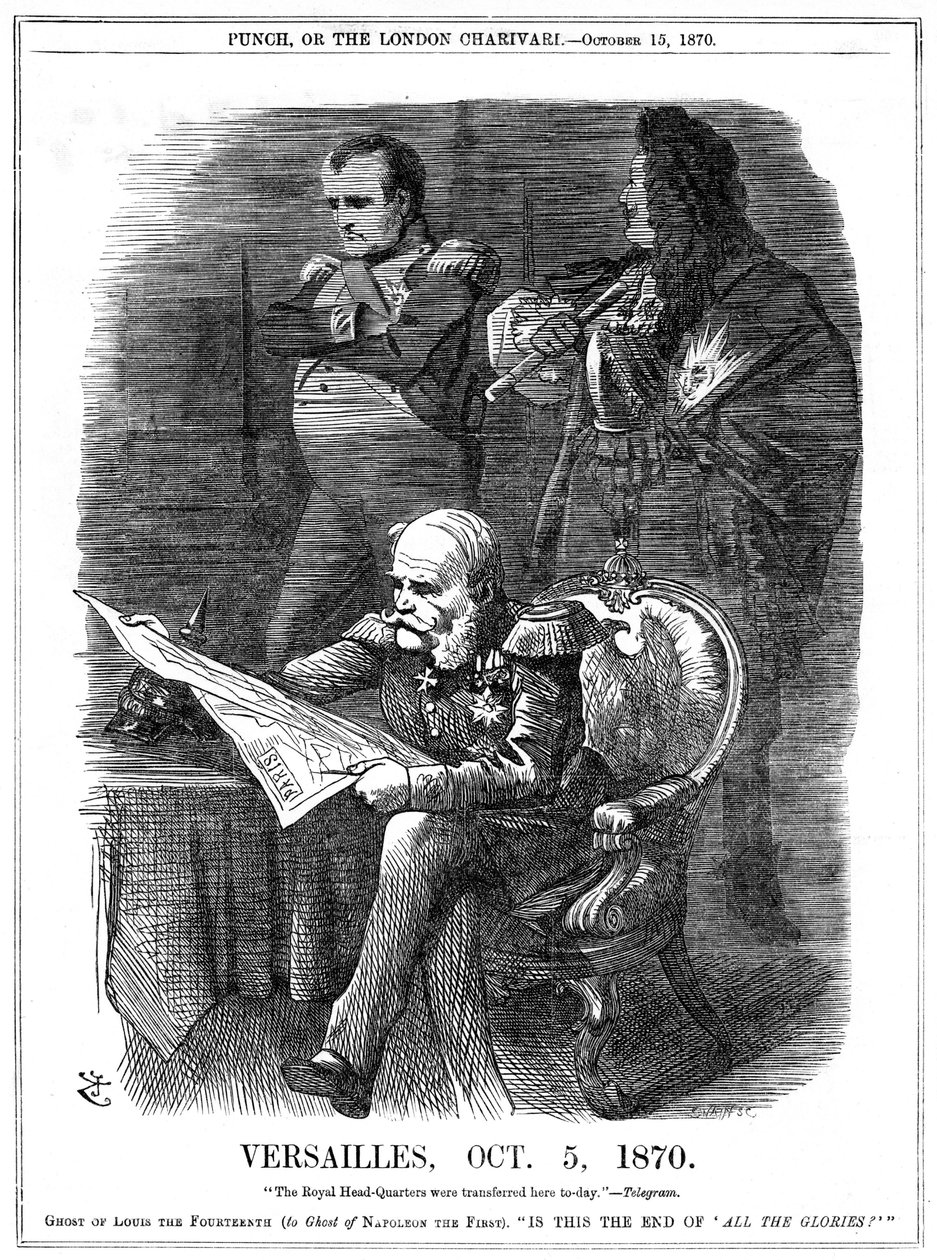 Guerra franco-prussiana 1870-1871: Ombre di Luigi XIV e Napoleone I che lamentano il declino della gloria della Francia. Il 5 ottobre 1870 Guglielmo I, Re di Prussia, fece di Versailles il suo quartier generale, e il 18 gennaio fu dichiarato Imperatore di  da John Tenniel