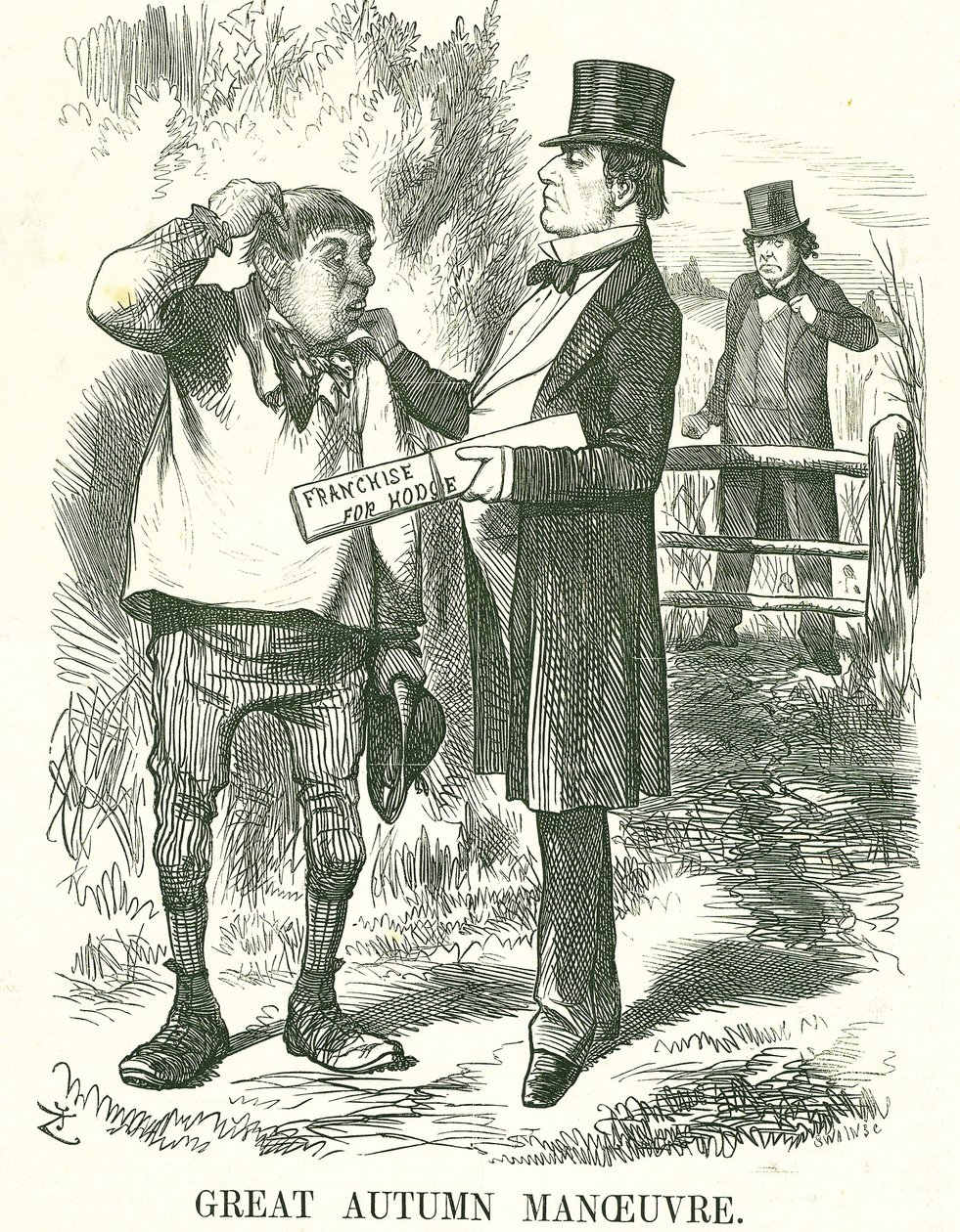 Grande manovra autunnale: Gladstone pensava che alla fine il voto dovesse essere dato ai lavoratori agricoli (Hodge). In quel momento il suo primo ministro era instabile e Disraeli aspettava di prendere il suo posto. Caricatura di John Tenniel da Punch, Lo da John Tenniel